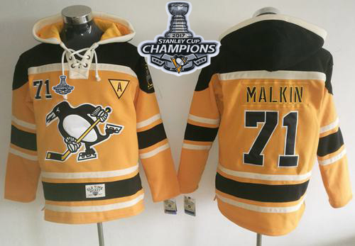 Penguins #71 Evgeni Malkin Gold Sawyer Hooded Sweatshirt Stanley Cup Finals Champions Stitched NHL Jersey - Click Image to Close